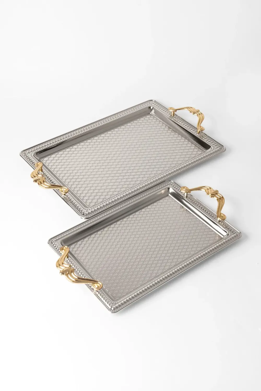 Paslanmaz Çelik Gümüş 2’li Dikdörtgen Tepsi Seti – Servis ve Sunu