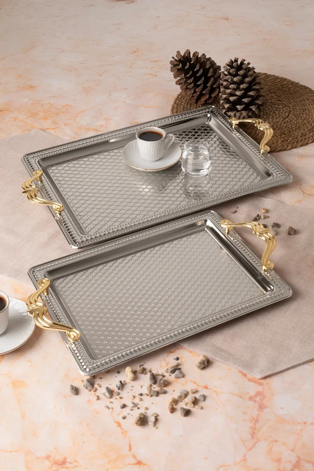 Paslanmaz Çelik Gümüş 2’li Dikdörtgen Tepsi Seti – Servis ve Sunu