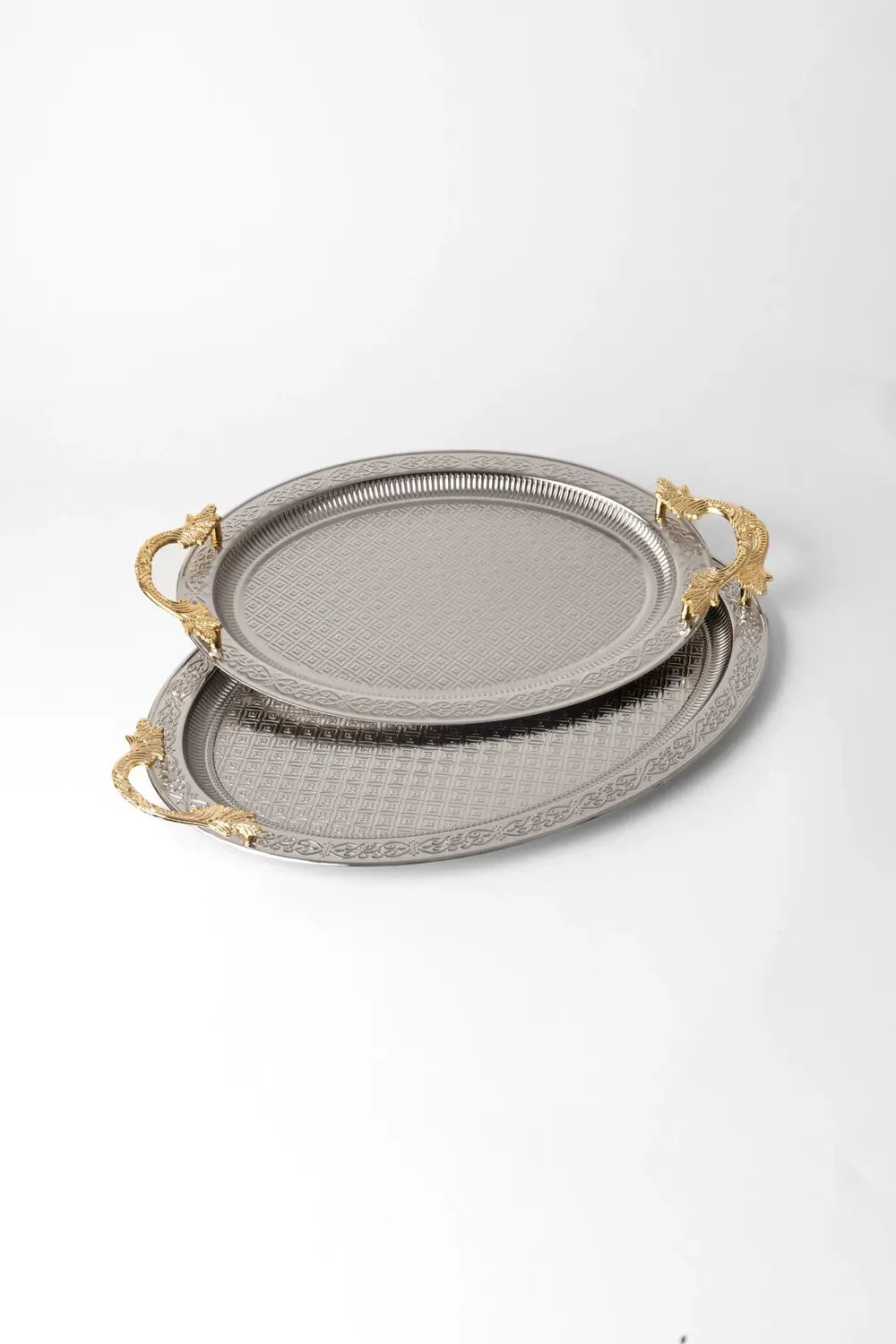 Paslanmaz Çelik Gümüş 2’li Oval Tepsi Seti – Zarif Desenli Servis