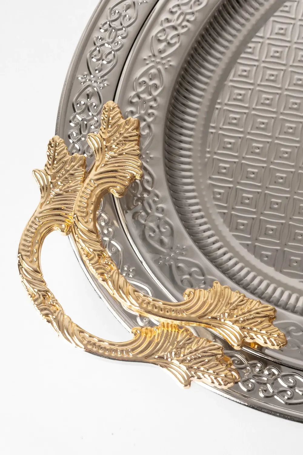 Paslanmaz Çelik Gümüş 2’li Oval Tepsi Seti – Zarif Desenli Servis