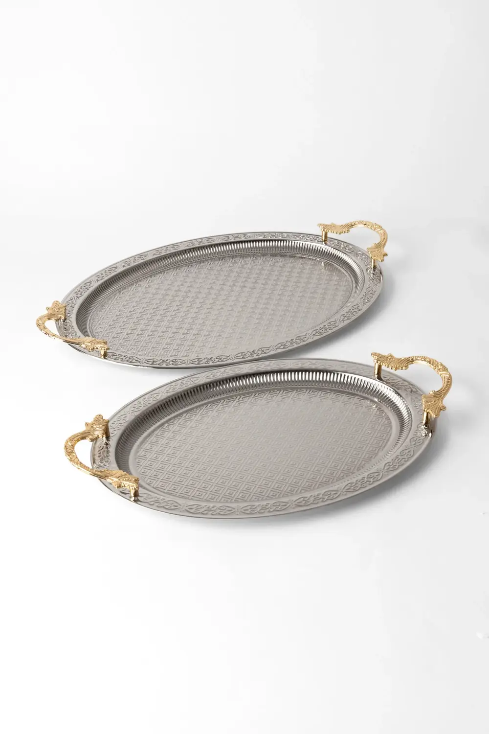 Paslanmaz Çelik Gümüş 2’li Oval Tepsi Seti – Zarif Desenli Servis