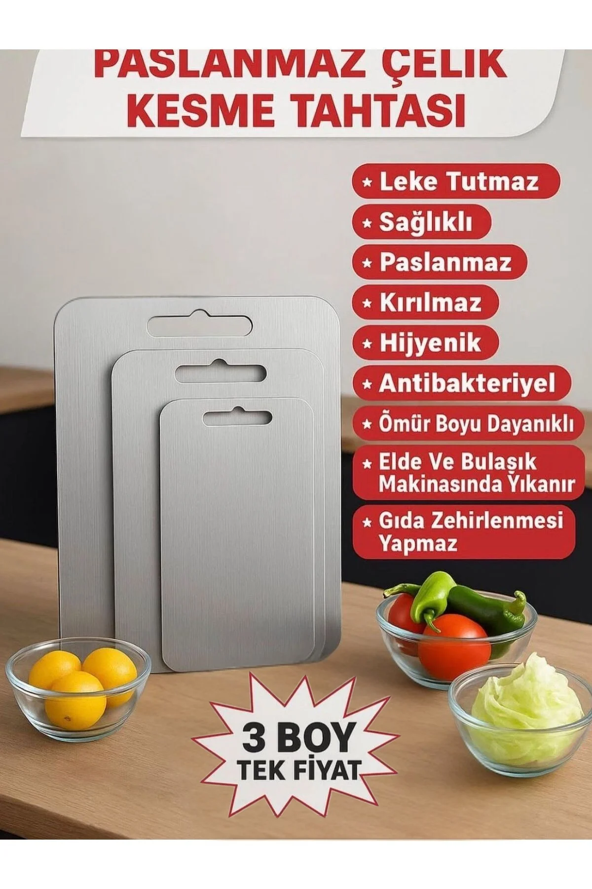 Paslanmaz Çelik Kesme Tahtası 3'lü Set Mutfak Hamur ve Doğrama Tahtası Fiyatı, Yorumları ve Özellikleri
