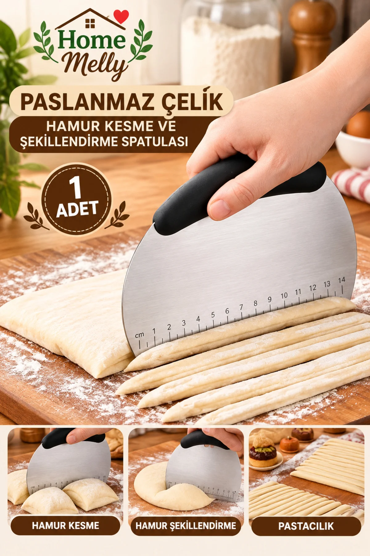 Paslanmaz Çelik Lüks Hamur Kesme Aparatı , Hamur Kazıyıcı , Pasta Şekillendirici Spatula - Görsel 2