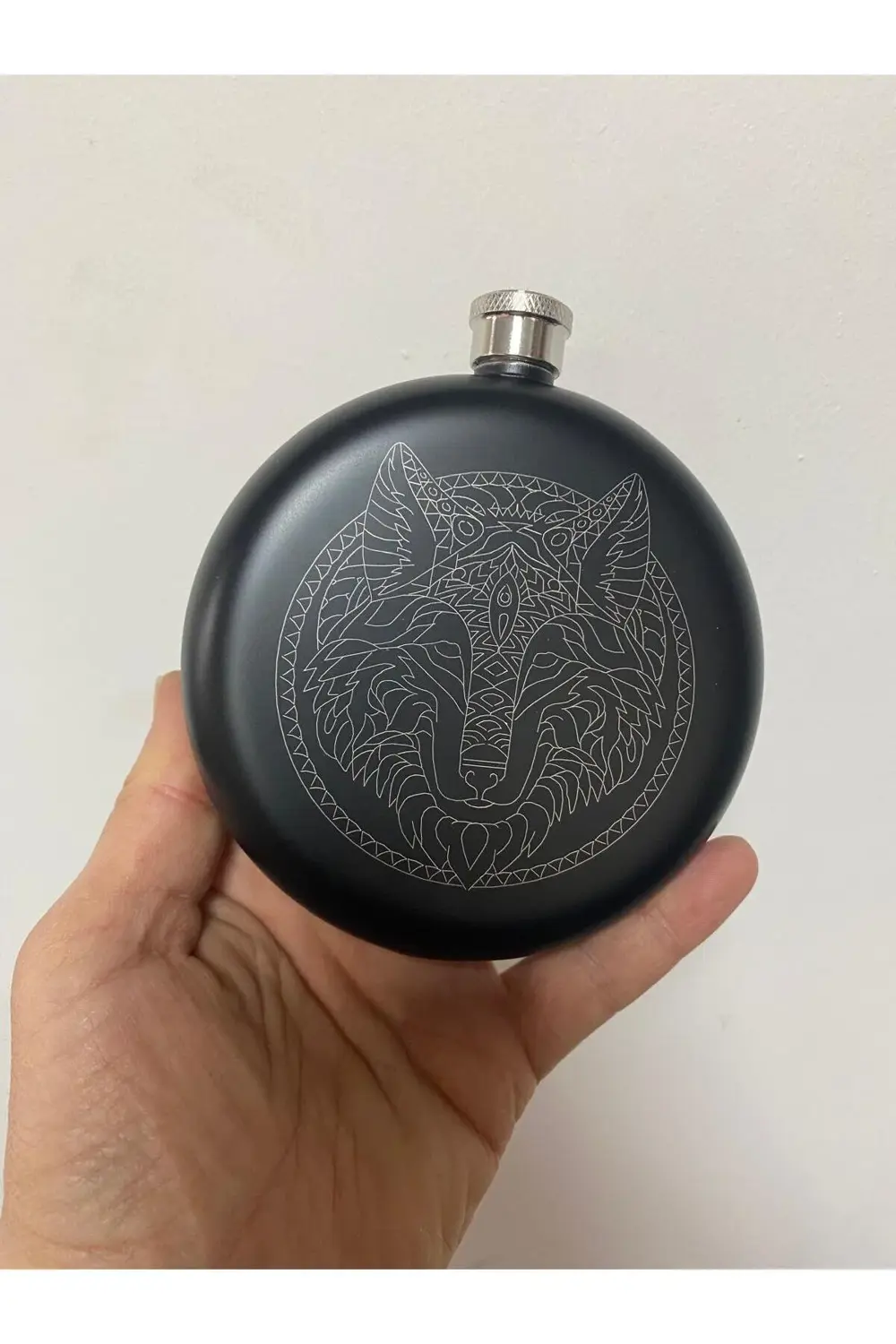 Paslanmaz Çelik Matara Kurt Figürlü Konyak Şişesi