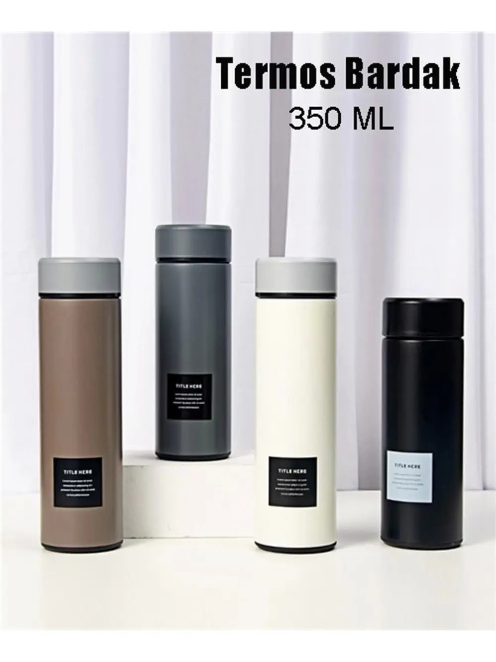 Paslanmaz Çelik Matara Termos Su Şişesi 350ML Vakumlu Kapak - Siy