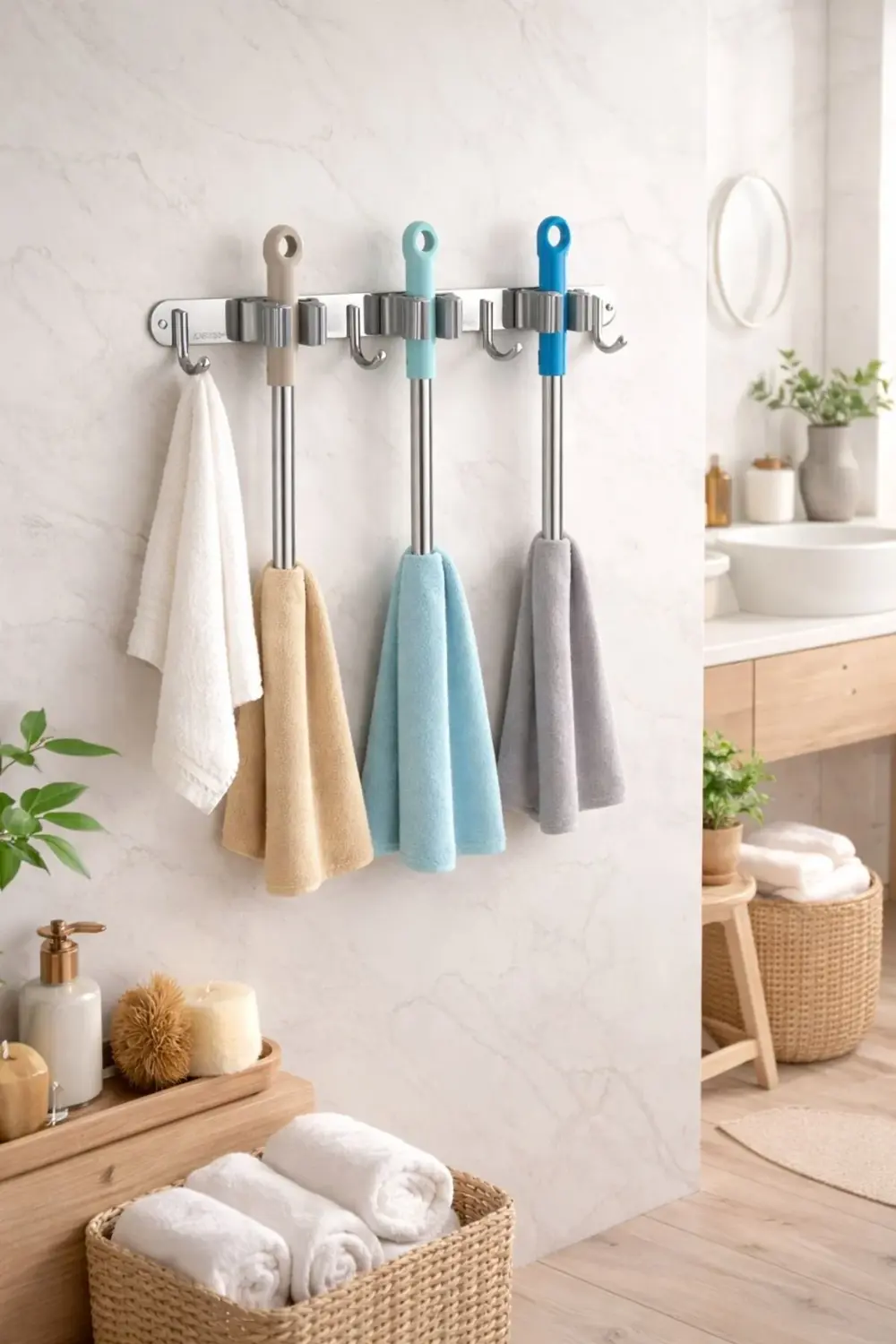 Paslanmaz Çelik Mop Askısı | Duvara Monte Mop ve Bez Tutucu 304 Ç