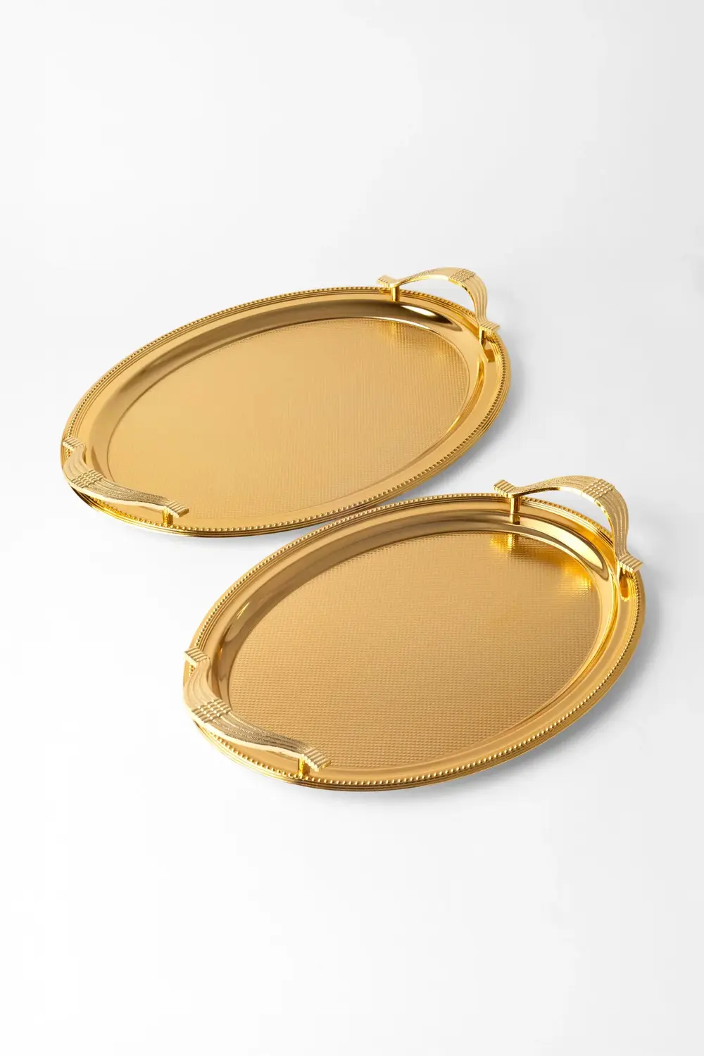 Paslanmaz Çelik Oval Gold 2’li Tepsi Seti – Zarif Desenli Servis