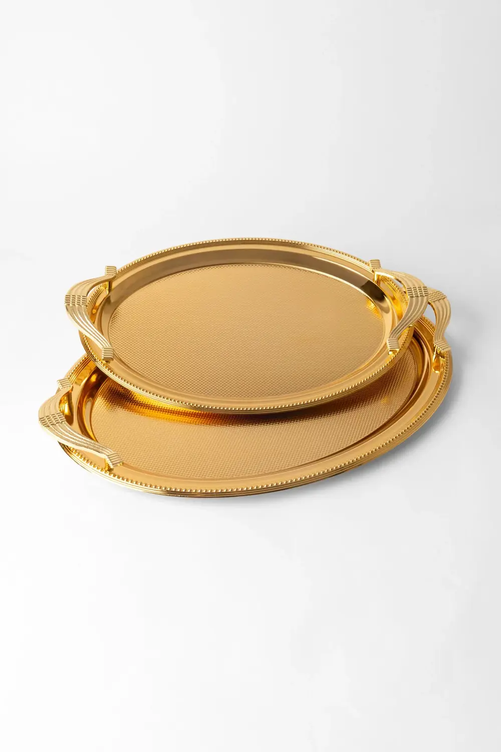 Paslanmaz Çelik Oval Gold 2’li Tepsi Seti – Zarif Desenli Servis