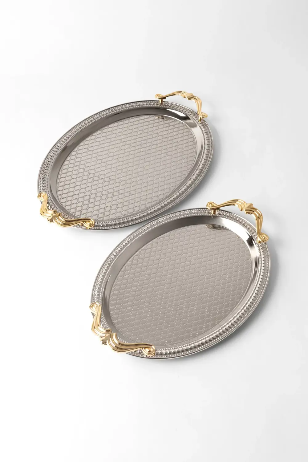 Paslanmaz Çelik Oval Gümüş 2’li Tepsi Seti – Altın Kulplu Servis