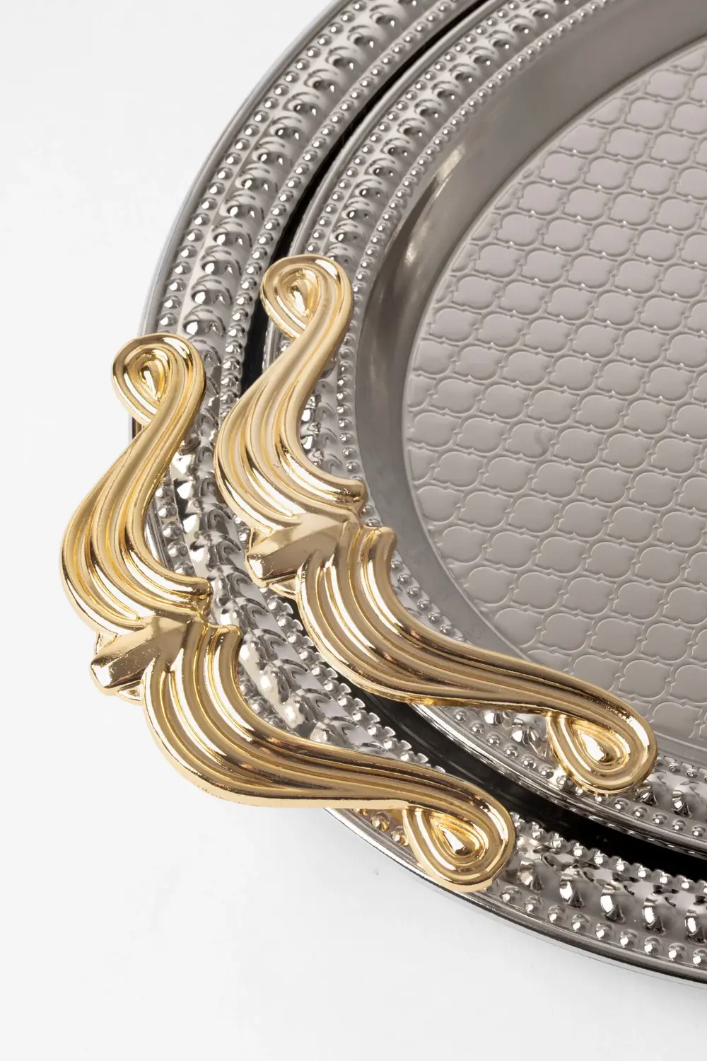 Paslanmaz Çelik Oval Gümüş 2’li Tepsi Seti – Altın Kulplu Servis