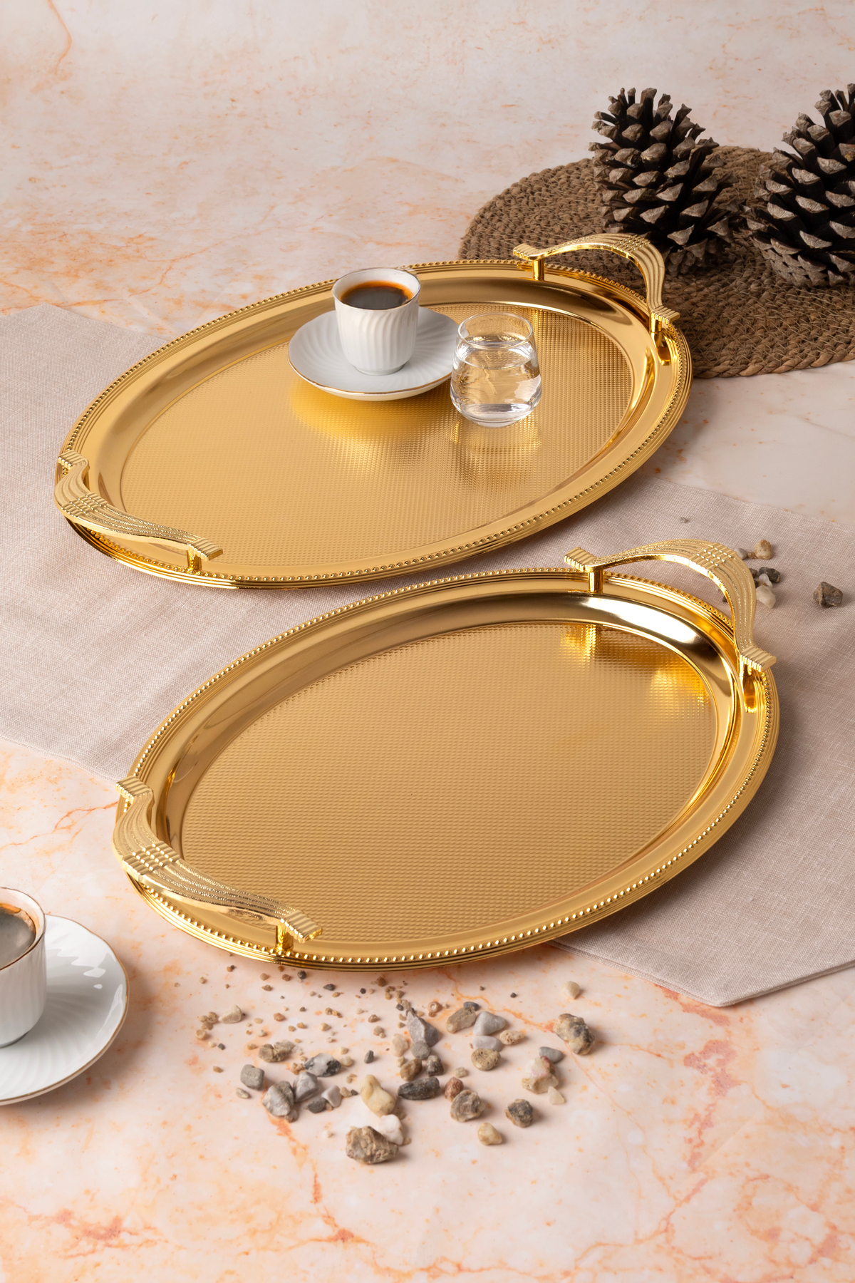 Paslanmaz Çelik Oval Gold 2’li Tepsi Seti – Zarif Desenli Servis 