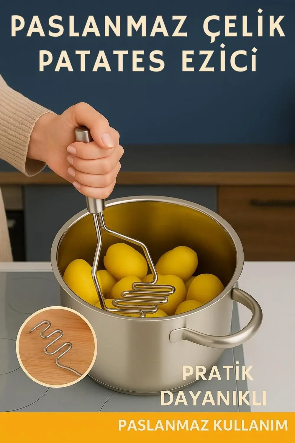 Paslanmaz Çelik Patates Ezici – Ergonomik Tutma Saplı Püre Aparat