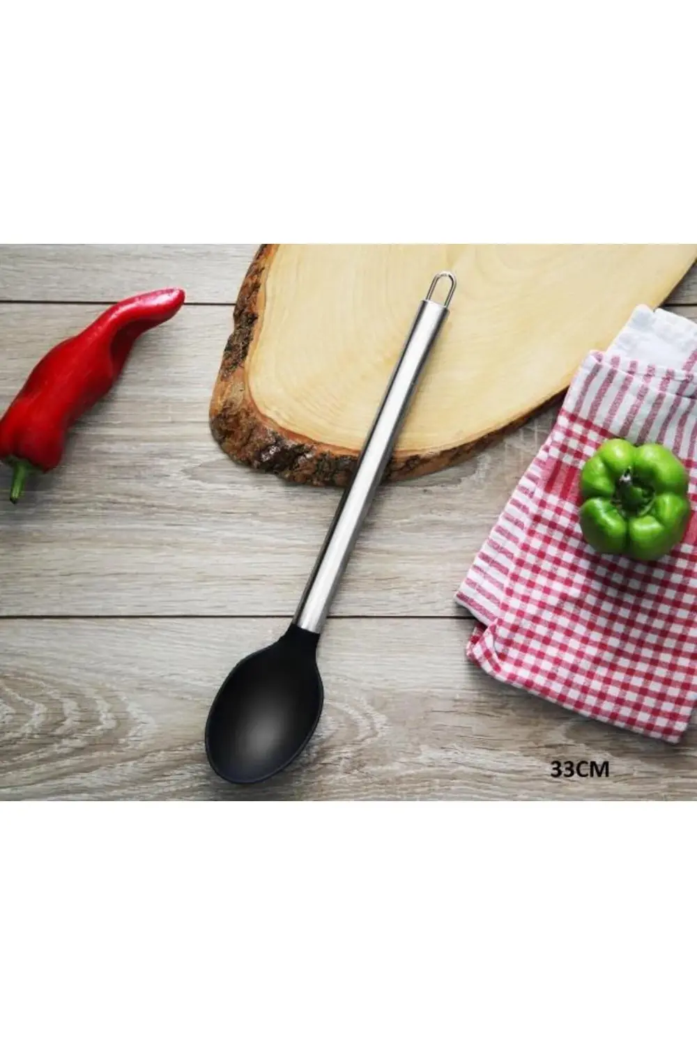 Paslanmaz Çelik Sap Silikon Uçlu Kaşık 33 Cm Büyük Boy