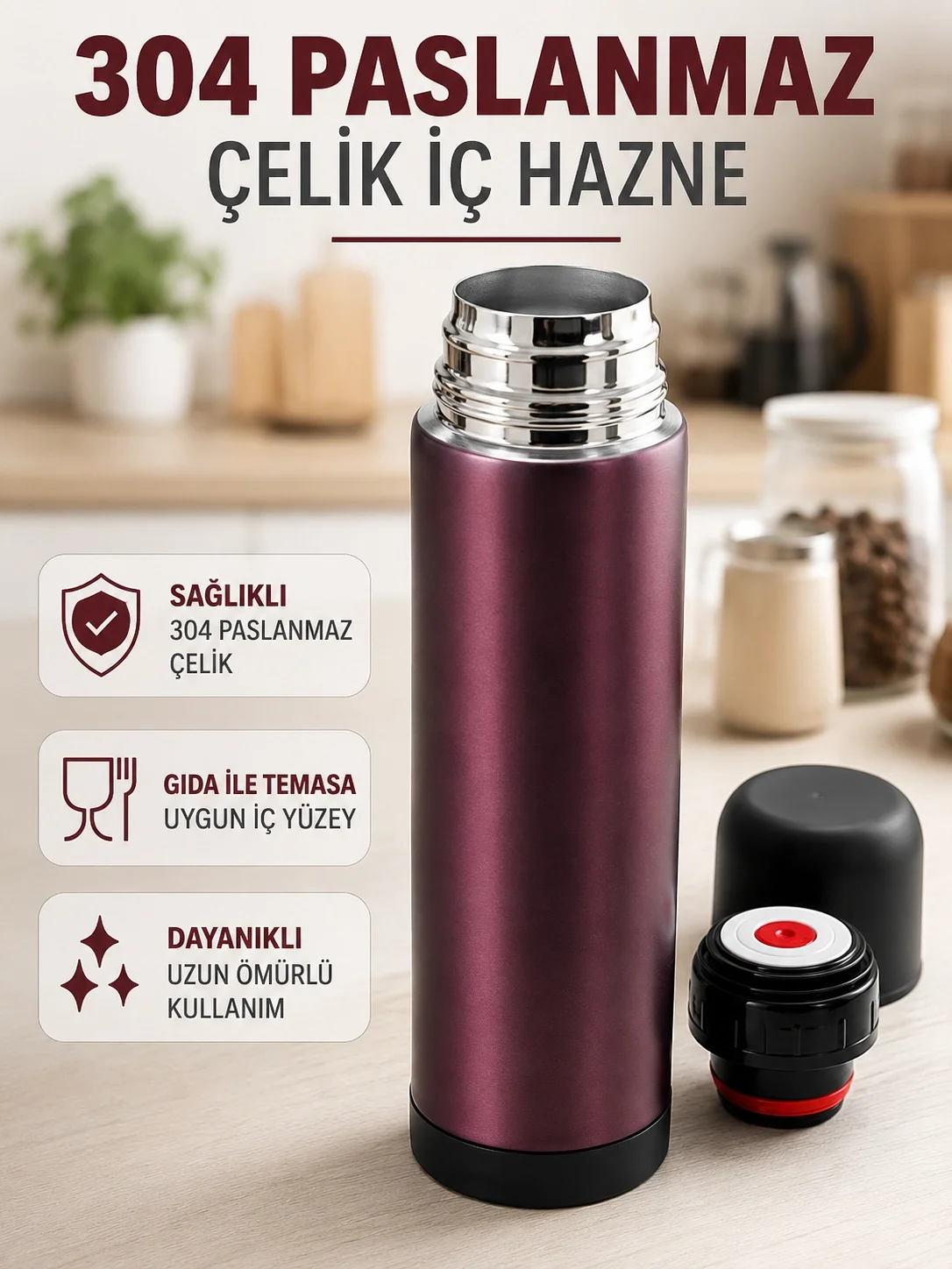 Paslanmaz Çelik Seyahat Termosu Tek Tuşlu Vakumlu Kahve ve Çay Termosu