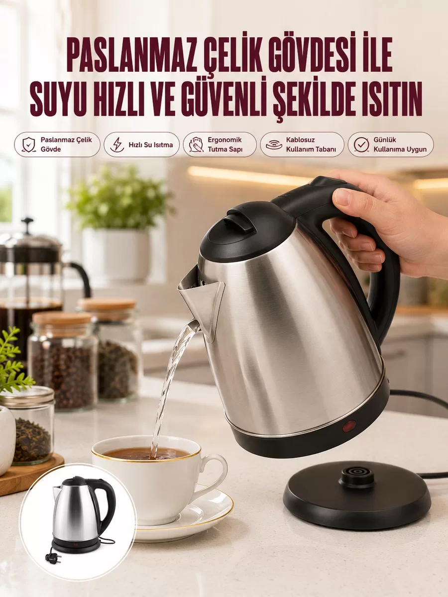 Paslanmaz Çelik Su Isıtıcı 2000W 1.8L Güvenli Kettle