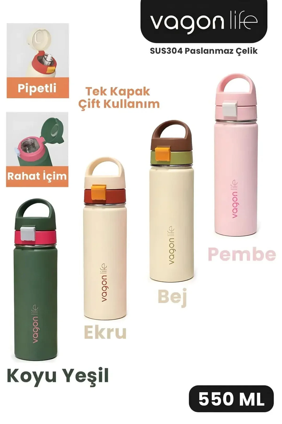 Paslanmaz Çelik Su Matarası - 550 ml Tek Kapak Çift Kullanım Taşı Paslanmaz Çelik Su Matarası - 550 ml Tek Kapak Çift Kullanım Taşı