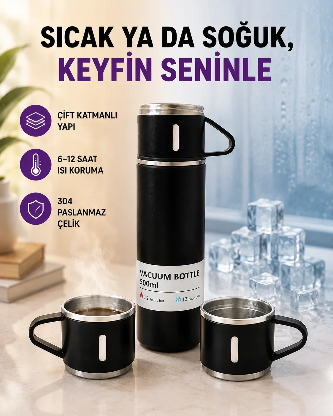 Paslanmaz Çelik Termos Seti | 500 ml Kapasite, 6-12 Saat Isı Koruma, Hediye Kutulu Fiyatı, Yorumları ve Özellikleri