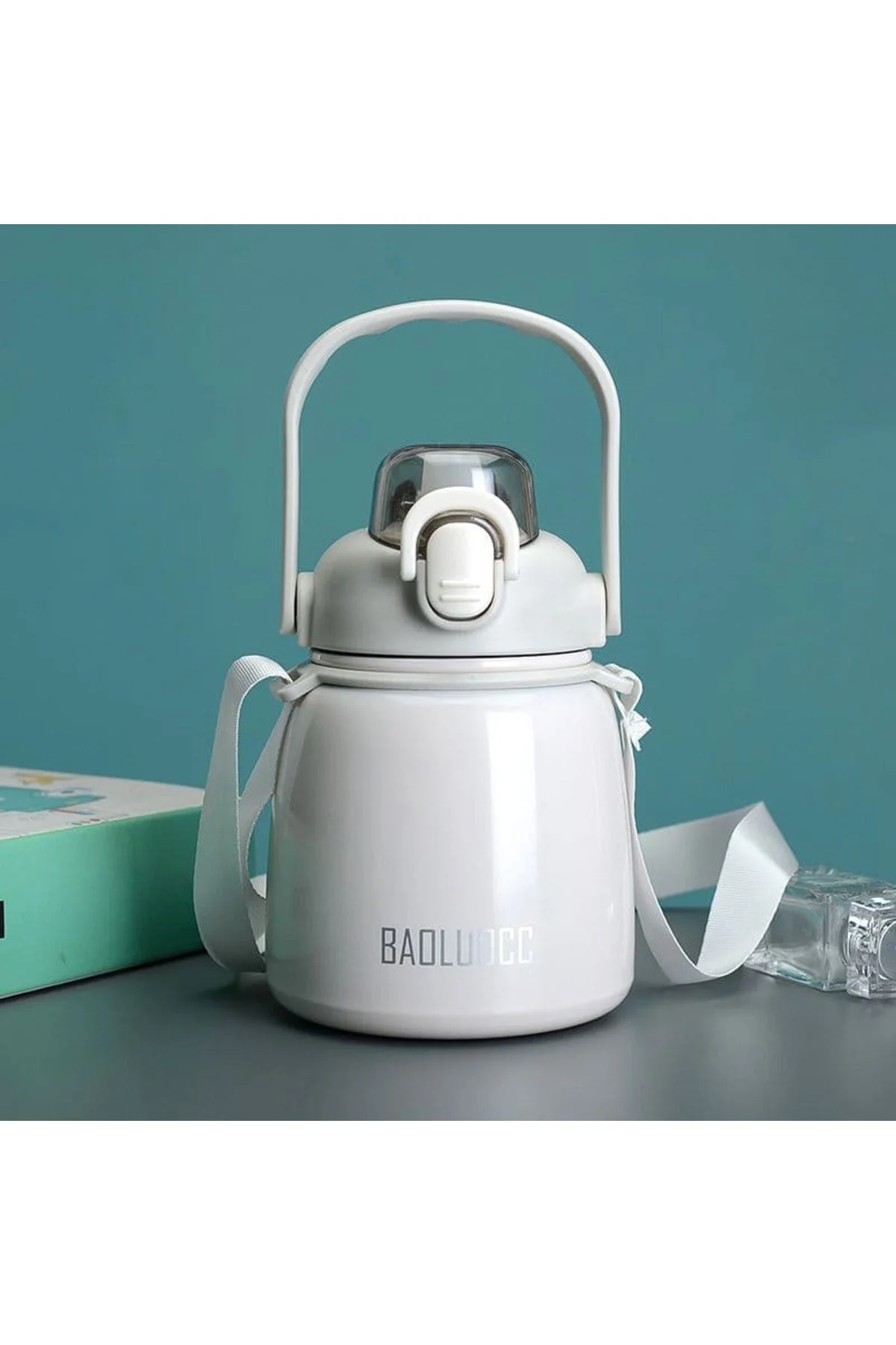 Paslanmaz Çelik Tombul Su Matarası - 650ml - Askılı ve Pipetli Çe