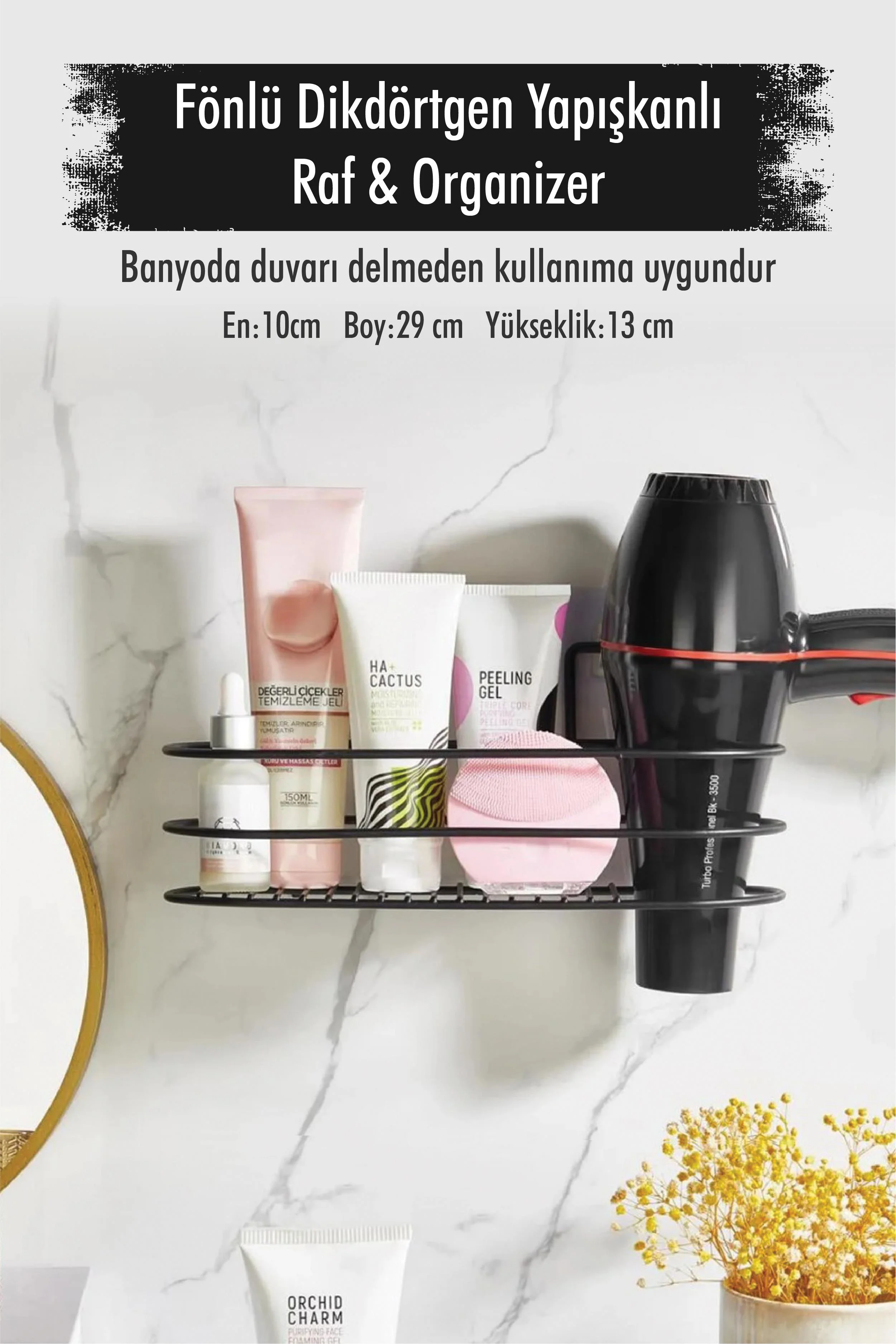 Paslanmaz Çelik Yapışkanlı Fönlü Duvar Rafı &amp; Organizer &amp; Banyo Duş Askısı