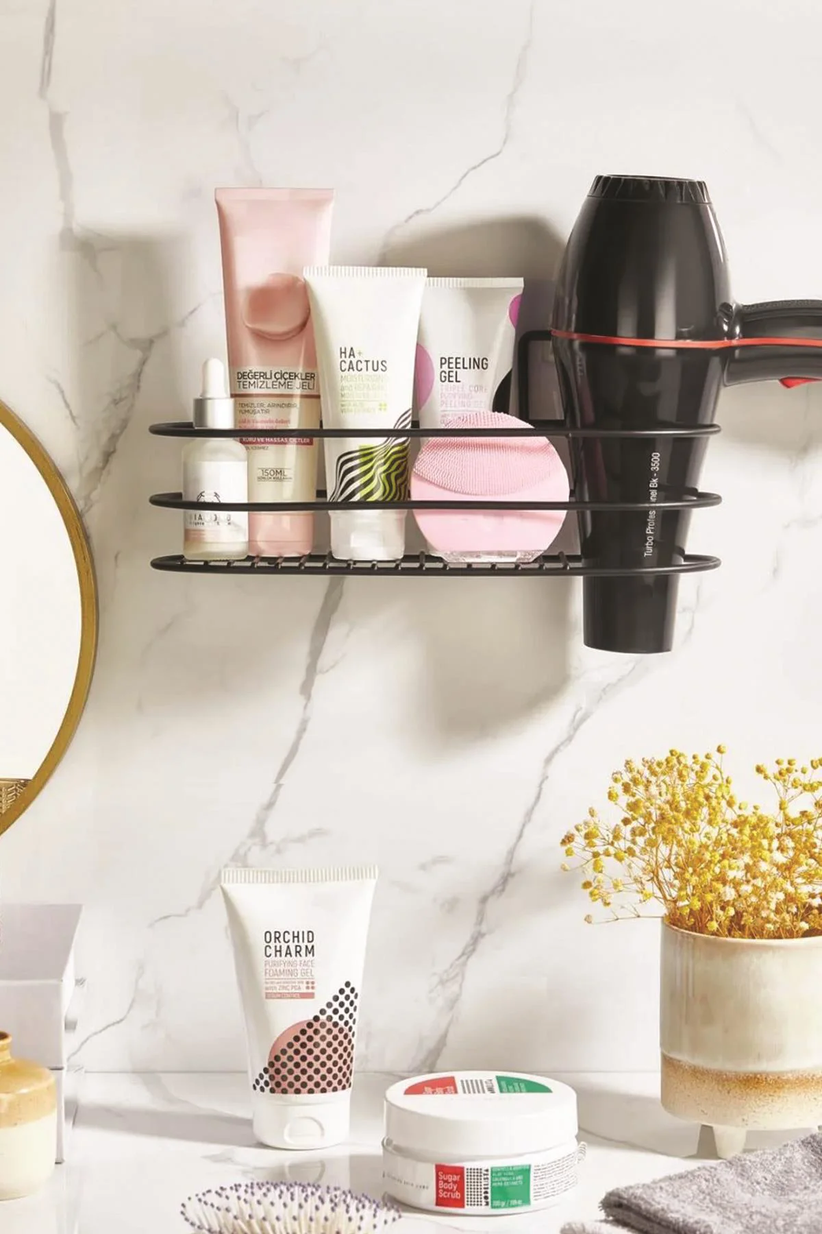 Paslanmaz Çelik Yapışkanlı Fönlü Duvar Rafı &amp; Organizer &amp; Banyo Duş Askısı