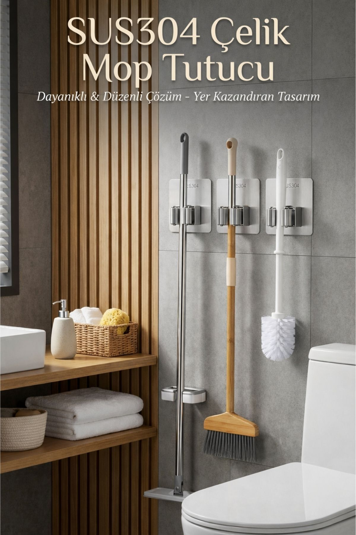 Paslanmaz Çelik Yapışkanlı Mop Tutucu | Klipsli Paspas Tutucu | B