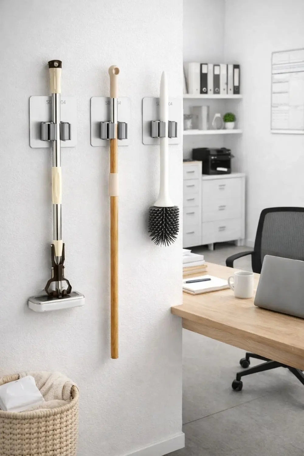 Paslanmaz Çelik Yapışkanlı Mop Tutucu | Klipsli Paspas Tutucu | B