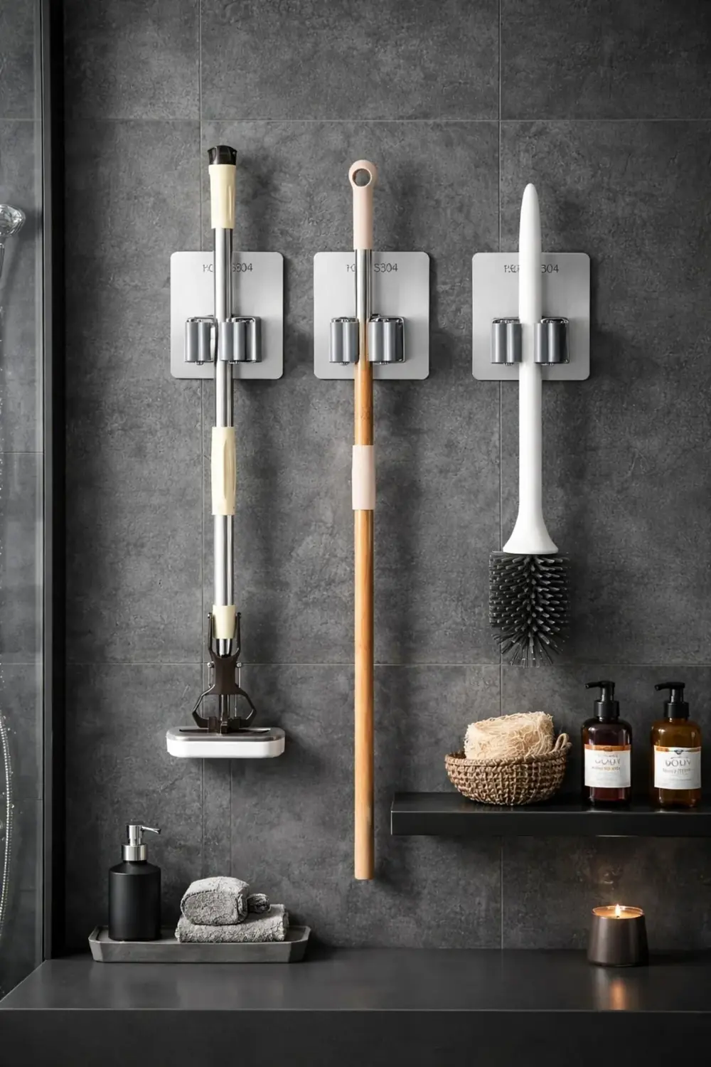 Paslanmaz Çelik Yapışkanlı Mop Tutucu | Klipsli Paspas Tutucu | B