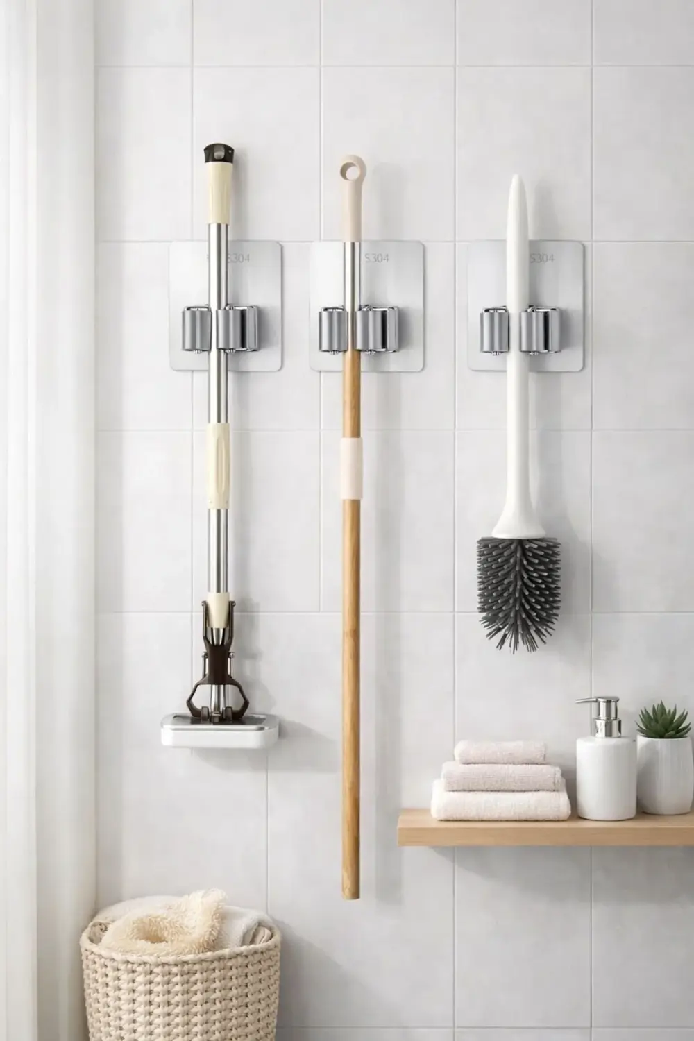 Paslanmaz Çelik Yapışkanlı Mop Tutucu | Klipsli Paspas Tutucu | B