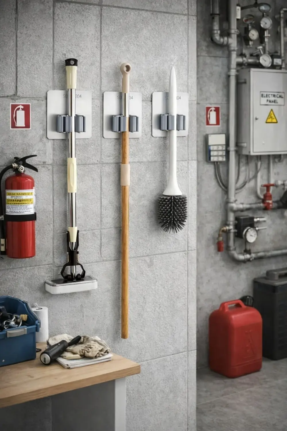 Paslanmaz Çelik Yapışkanlı Mop Tutucu | Klipsli Paspas Tutucu | B