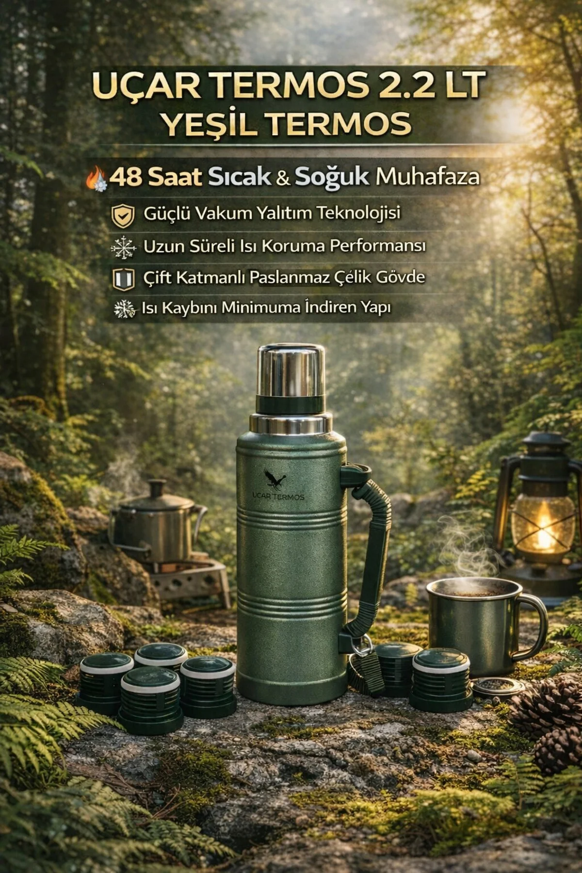 Paslanmaz çelik yeşil termos 48 saat yalıtım süresi kutulu - Spor &amp; Outdoor - Ekipman &amp; Aksesuar