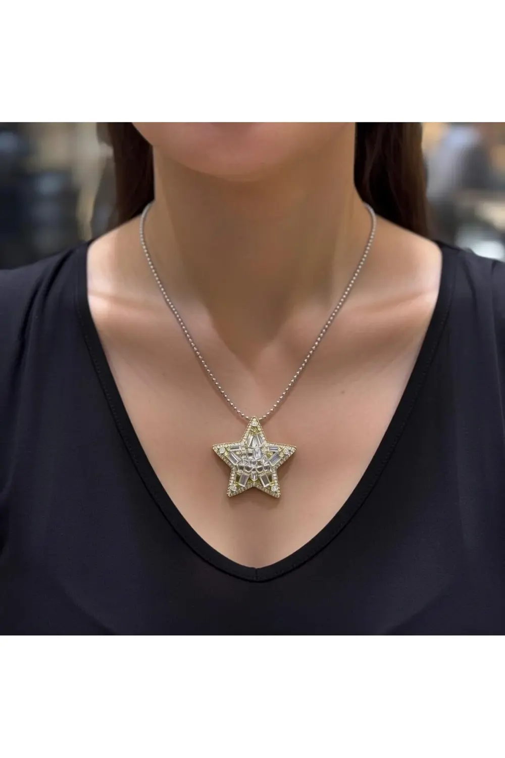 Paslanmaz Çelik Yildiz Zirkon Taşlı Gold Kolye