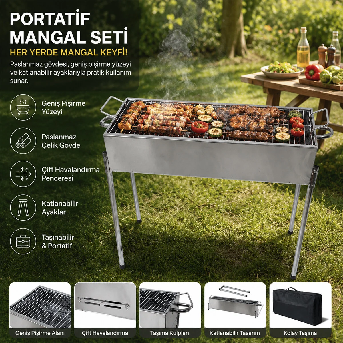 Paslanmaz Mangal Portatif Ayaklı - Standlı 70CM Fiyatı, Yorumları ve Özellikleri