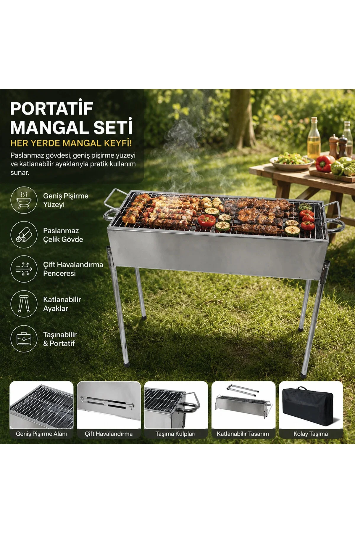 Paslanmaz Mangal Portatif Ayaklı - Standlı 70CM