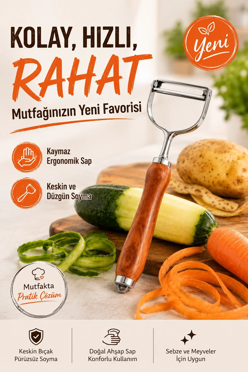 Paslanmaz Metal Başlıklı Ahşap Saplı Sebze Meyve Soyacağı Mutfak Gereci