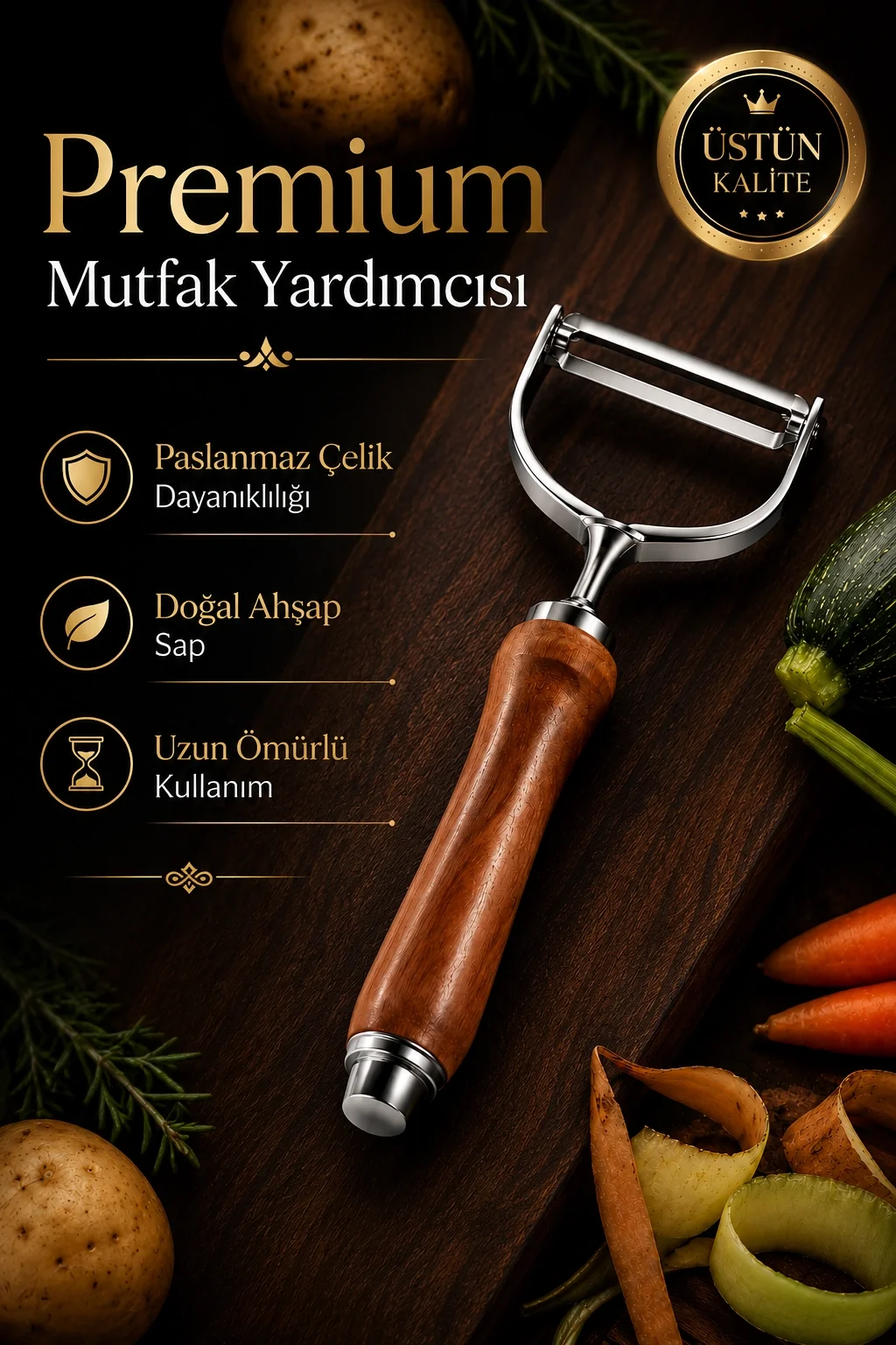Paslanmaz Metal Başlıklı Ahşap Saplı Sebze Meyve Soyacağı Mutfak Gereci