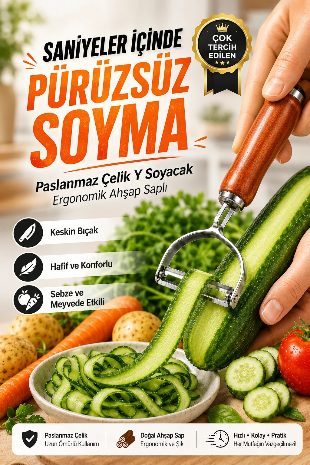 Paslanmaz Metal Başlıklı Ahşap Saplı Sebze Meyve Soyacağı Mutfak Gereci