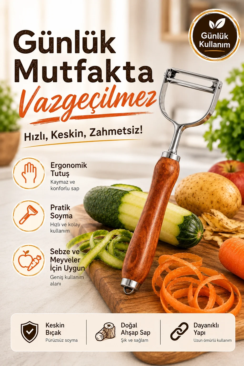 Paslanmaz Metal Başlıklı Ahşap Saplı Sebze Meyve Soyacağı Mutfak Gereci