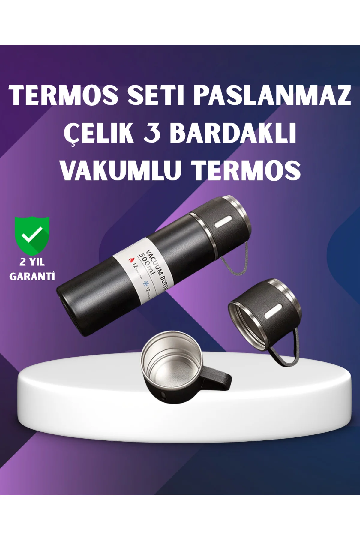 Paslanmaz Termos ve İkili Bardak Seti | 6-12 Saat Sıcak/Soğuk Tutma