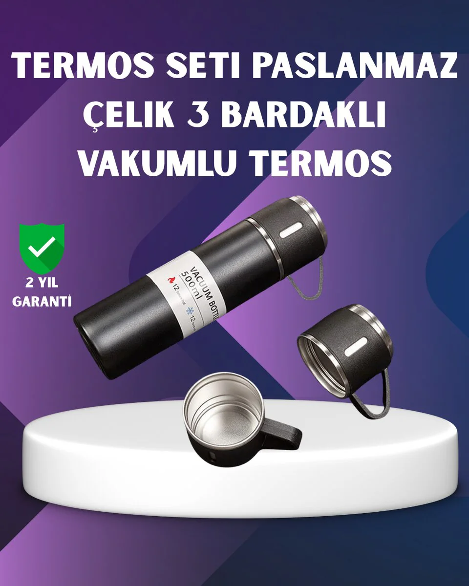 Paslanmaz Termos ve İkili Bardak Seti - 500ml 6-12 Saat Sıcak/Soğuk Tutma