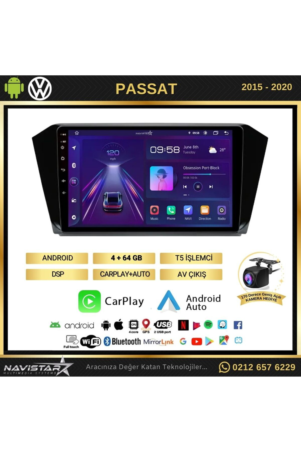 Passat B8 Kablosuz Carplay 4 64 Gb Android 13 Navigasyon 10 Inç M