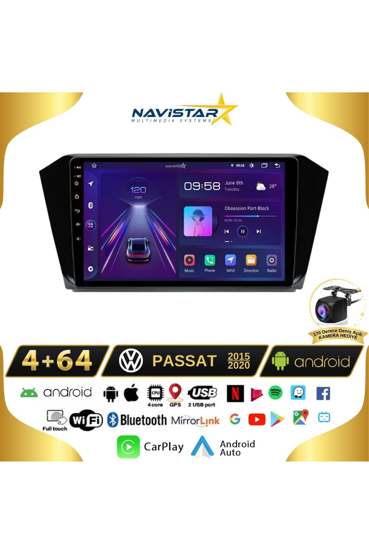 Passat B8 Kablosuz Carplay 4 64 Gb Android 13 Navigasyon 10 Inç M