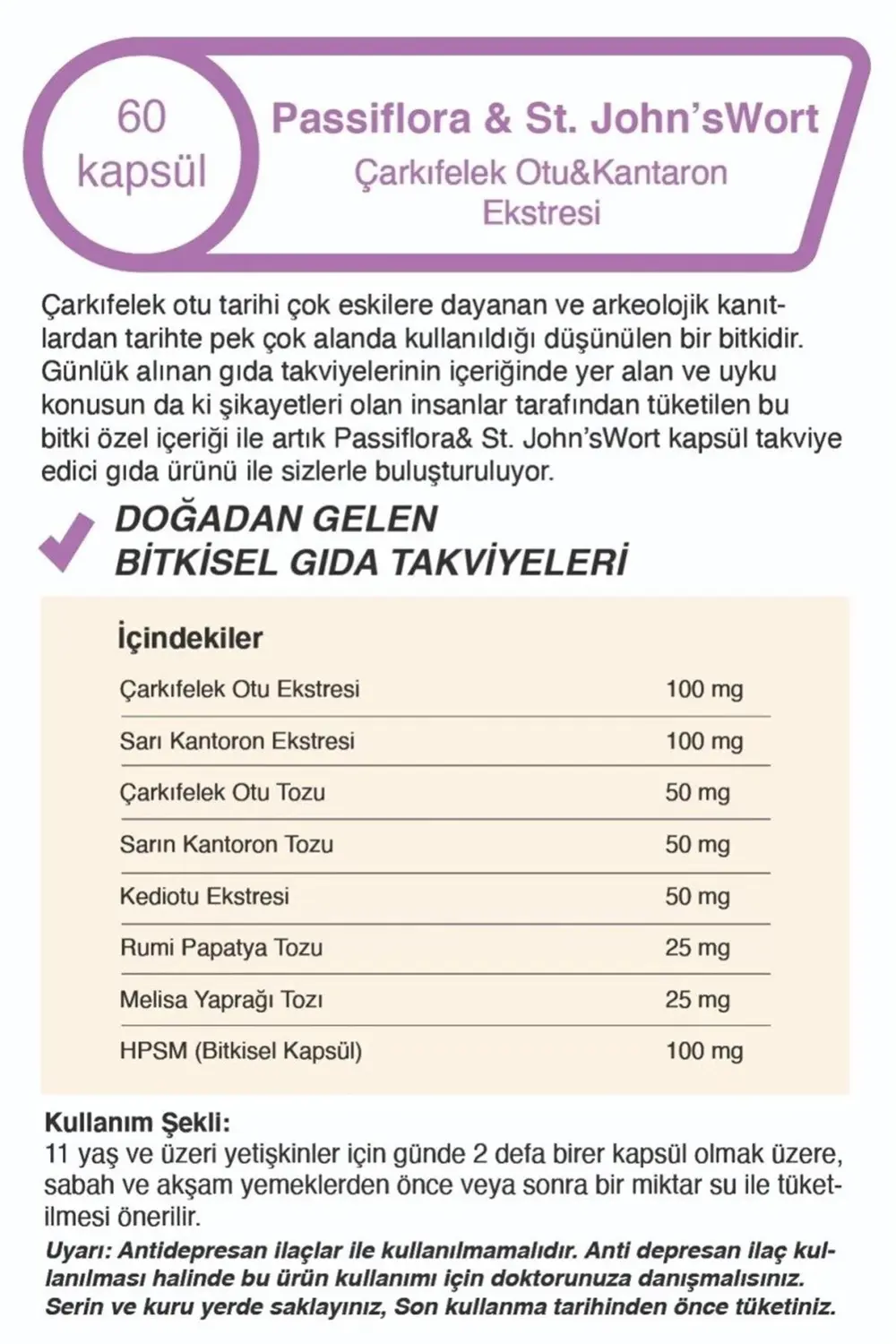 Passiflora Uykuya Yardımcı Çarkıfelek Otu & Kantaron Ekstreli 60'