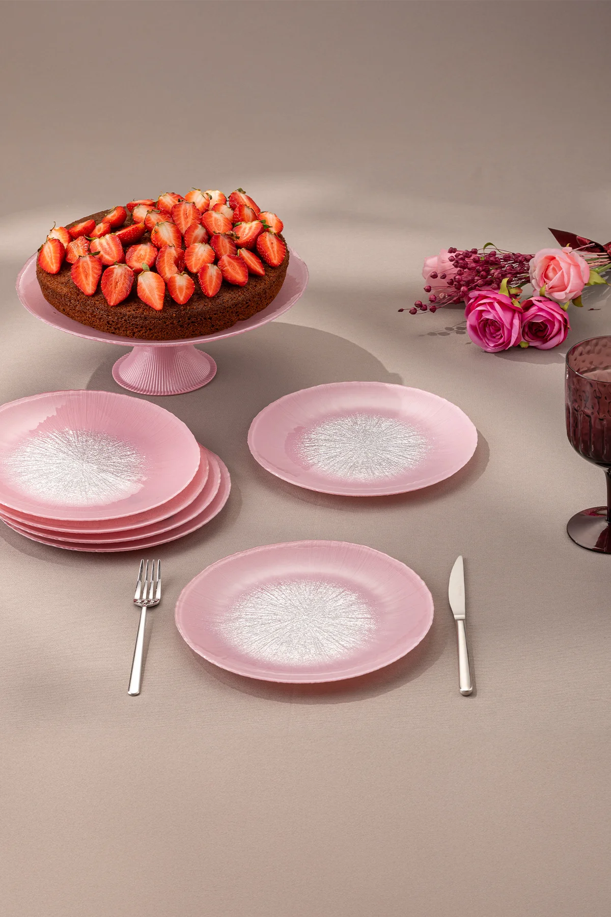 Pastel 7 Parça Cam Pasta / Tatlı Seti Pembe