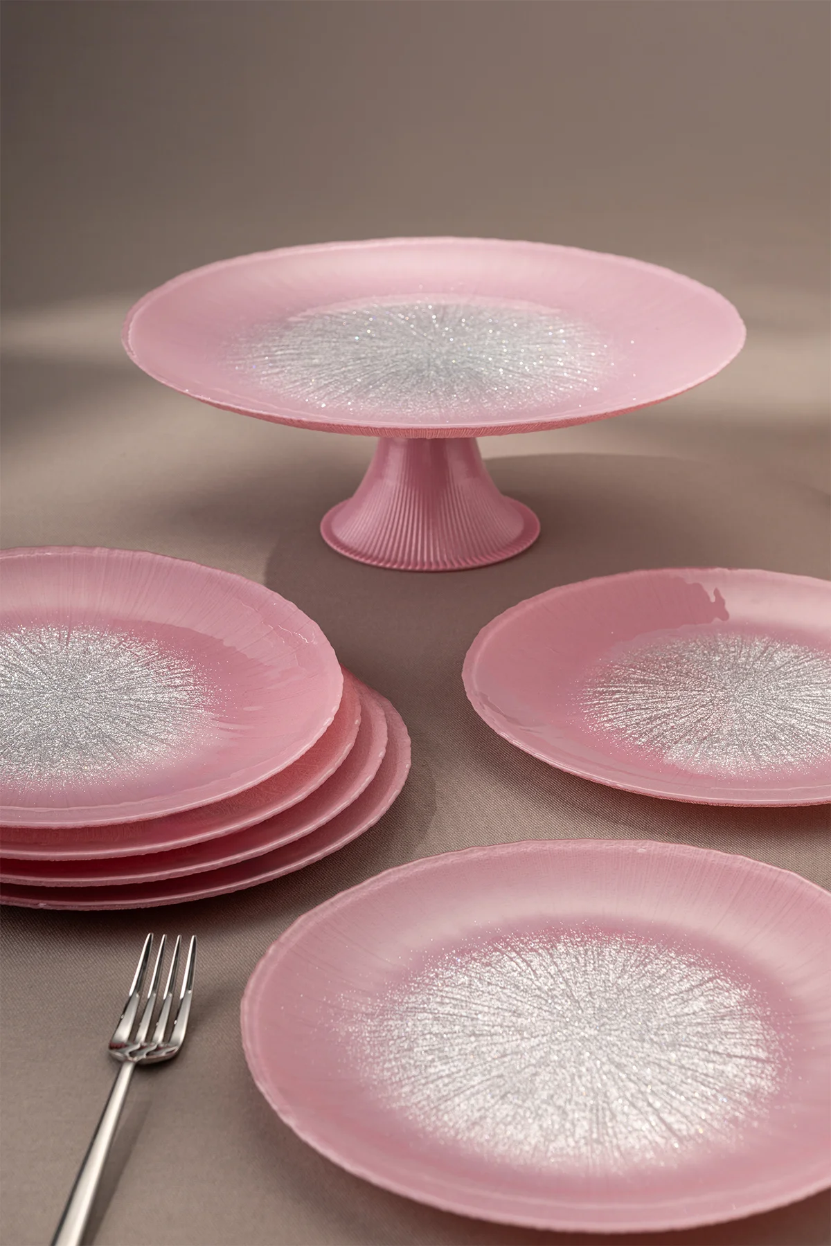 Pastel 7 Parça Cam Pasta / Tatlı Seti Pembe