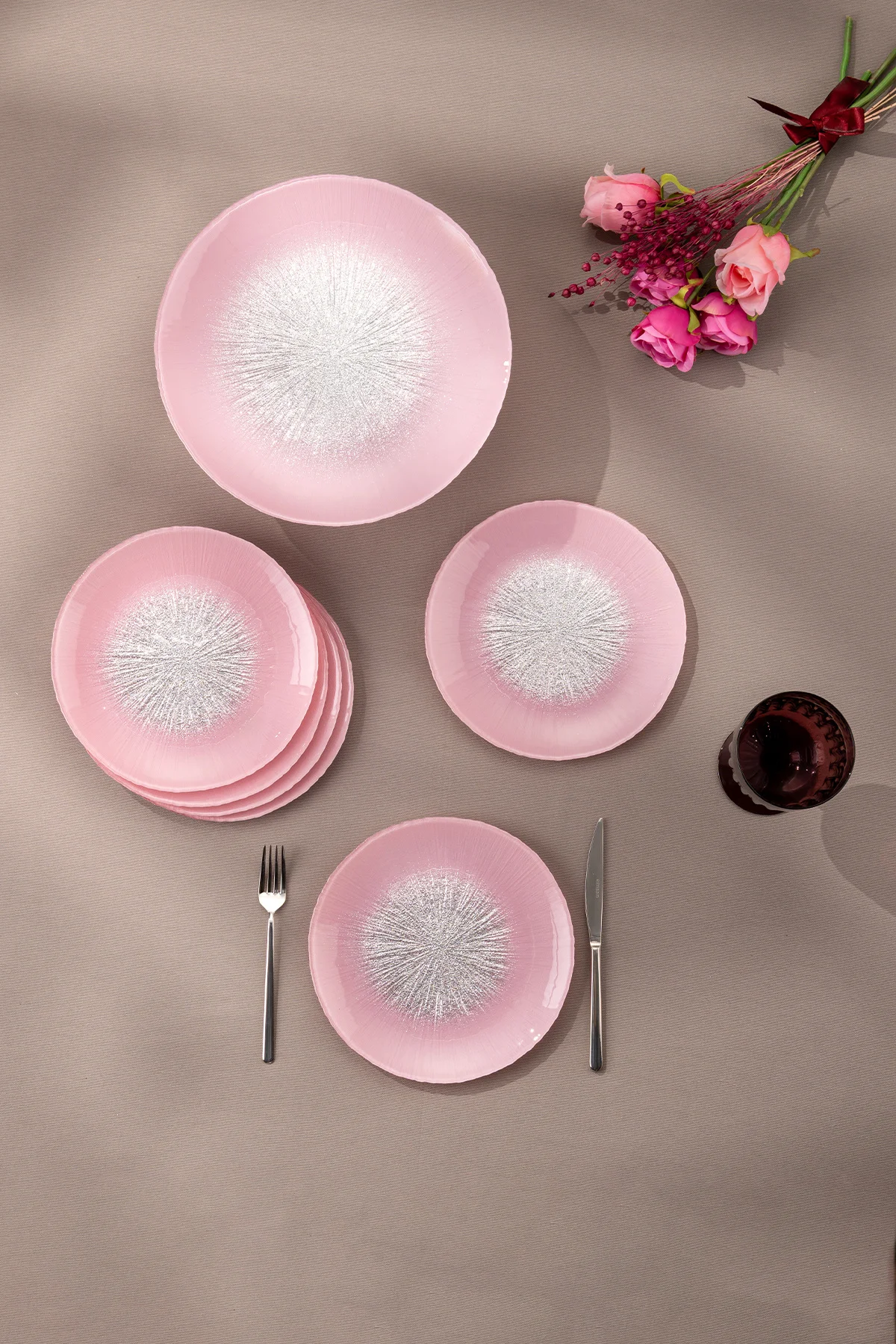 Pastel 7 Parça Cam Pasta / Tatlı Seti Pembe
