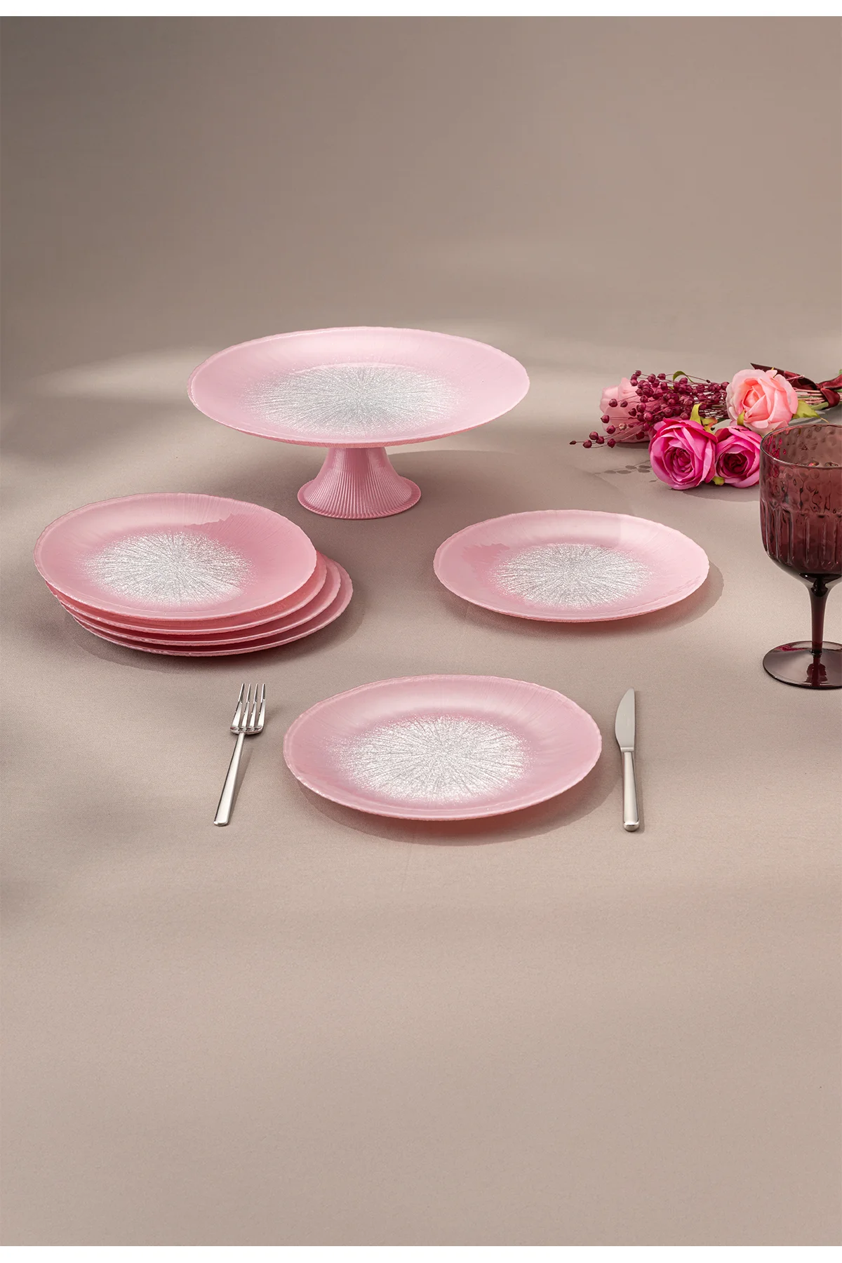 Pastel 7 Parça Cam Pasta / Tatlı Seti Pembe