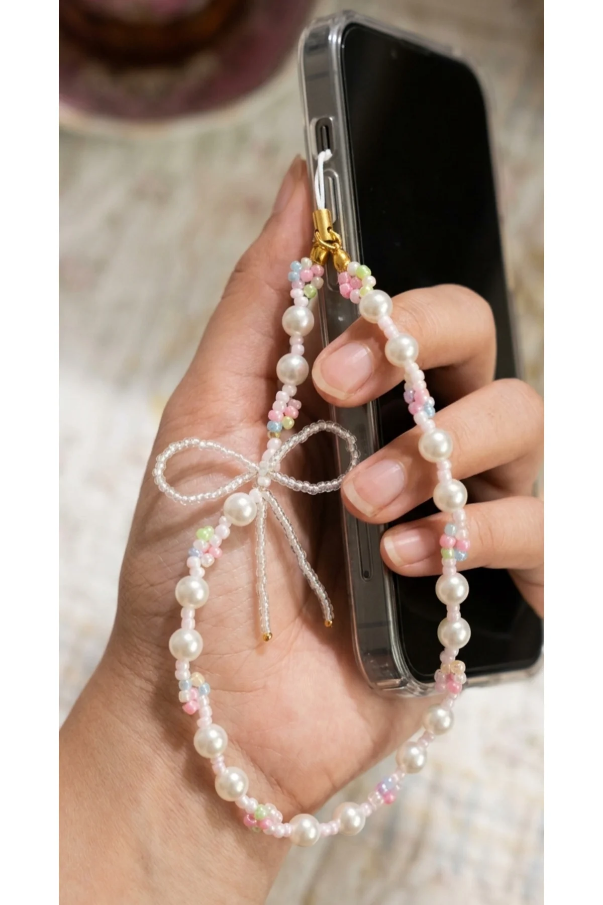 Pastel Çiçekli Pembe Telefon Bilek Askısı