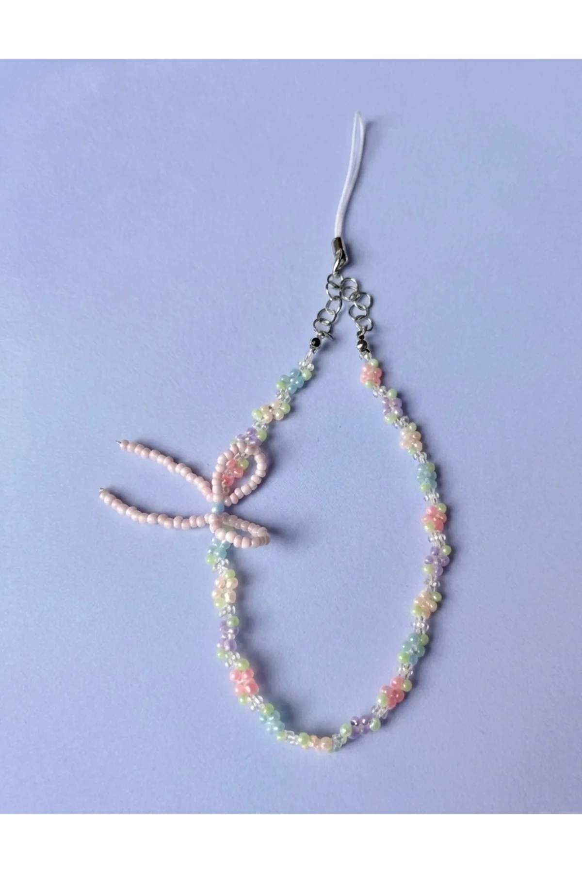 Pastel Çiçekli Ve Fiyonklu Boncuklu Telefon Süsü Holder Charm