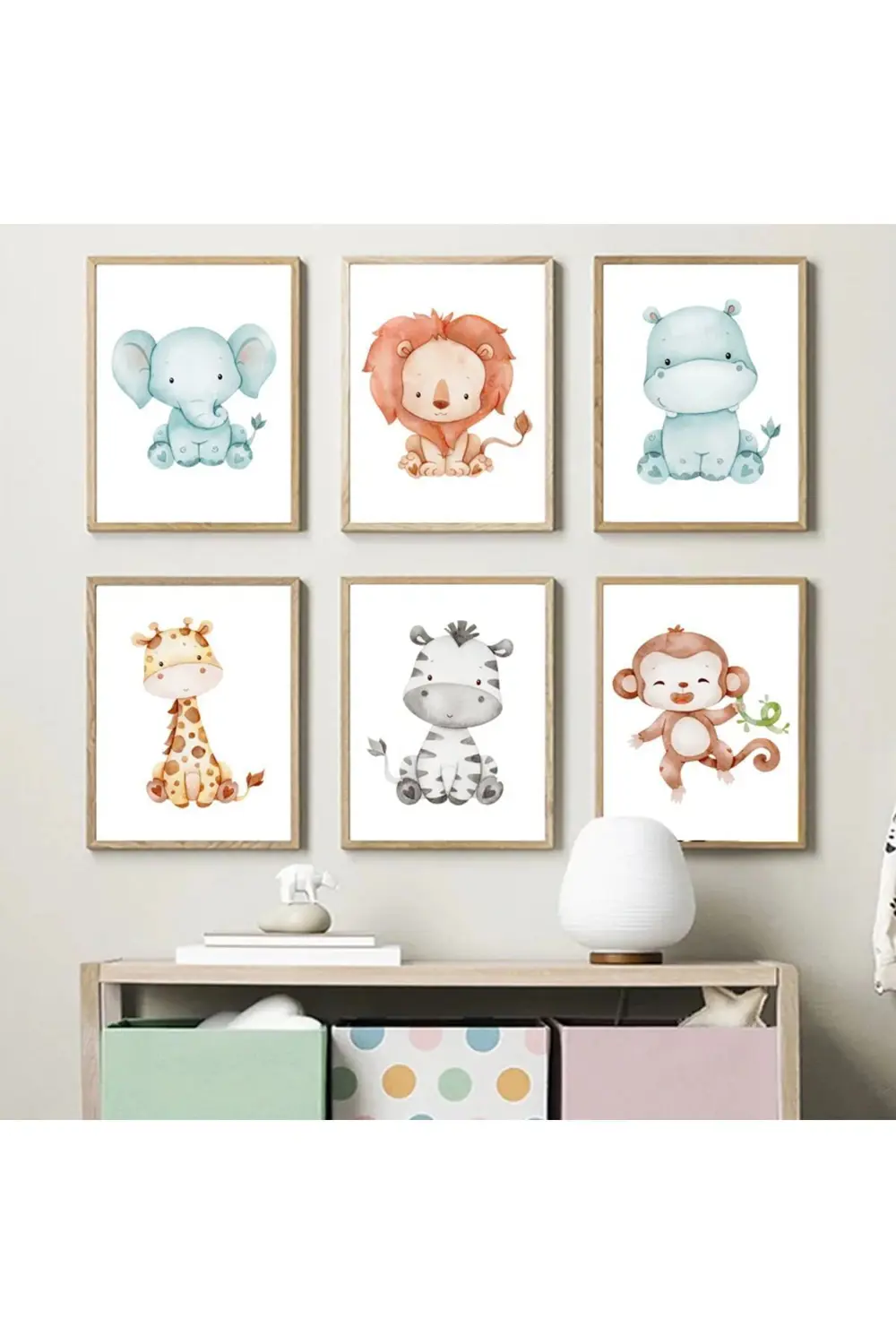Pastel Renkli Bebek Hayvanlar, 6’lı Çerçeve Görünümlü MDF Tablo S