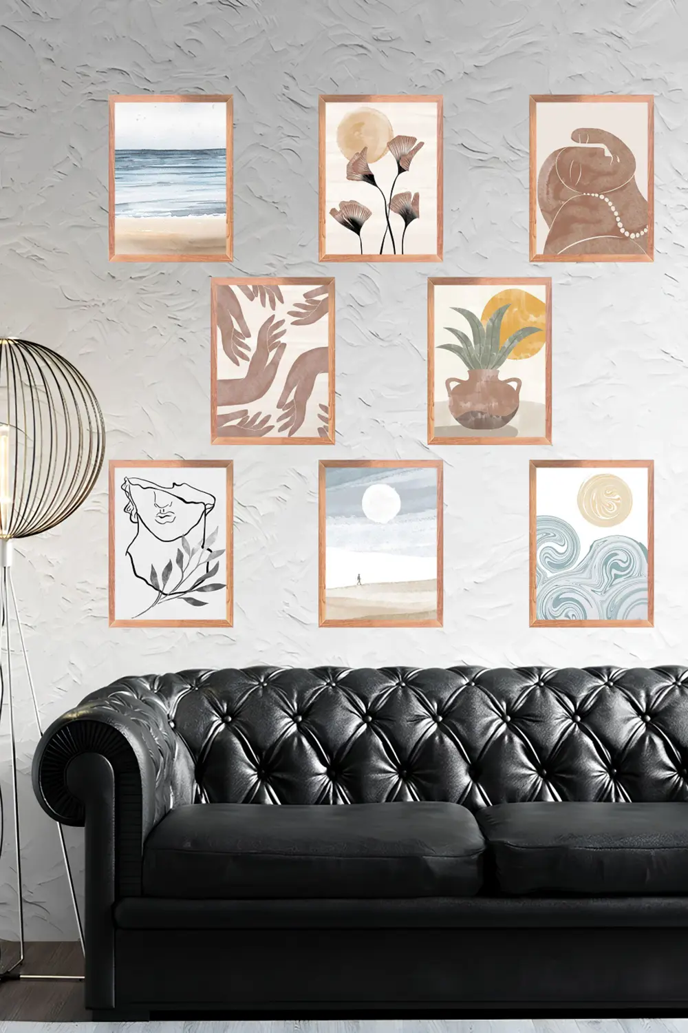 Pastel Tonlar Duvar Sanatı 8' Parça Çerçeve Görünümlü Modern MDF 